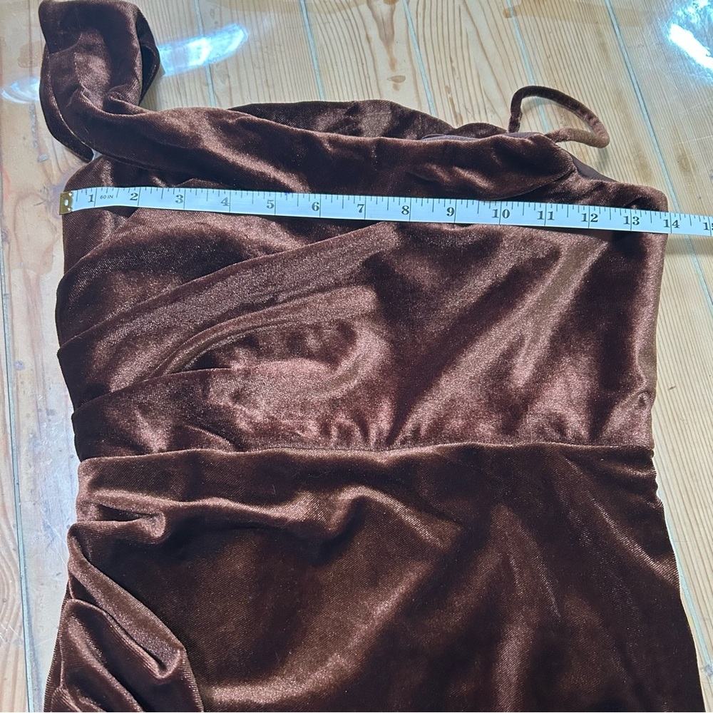 Lulus Showing Off a Little Brown Velvet Asymmetrical Tulip Midi Dress - Picture 4 of 9